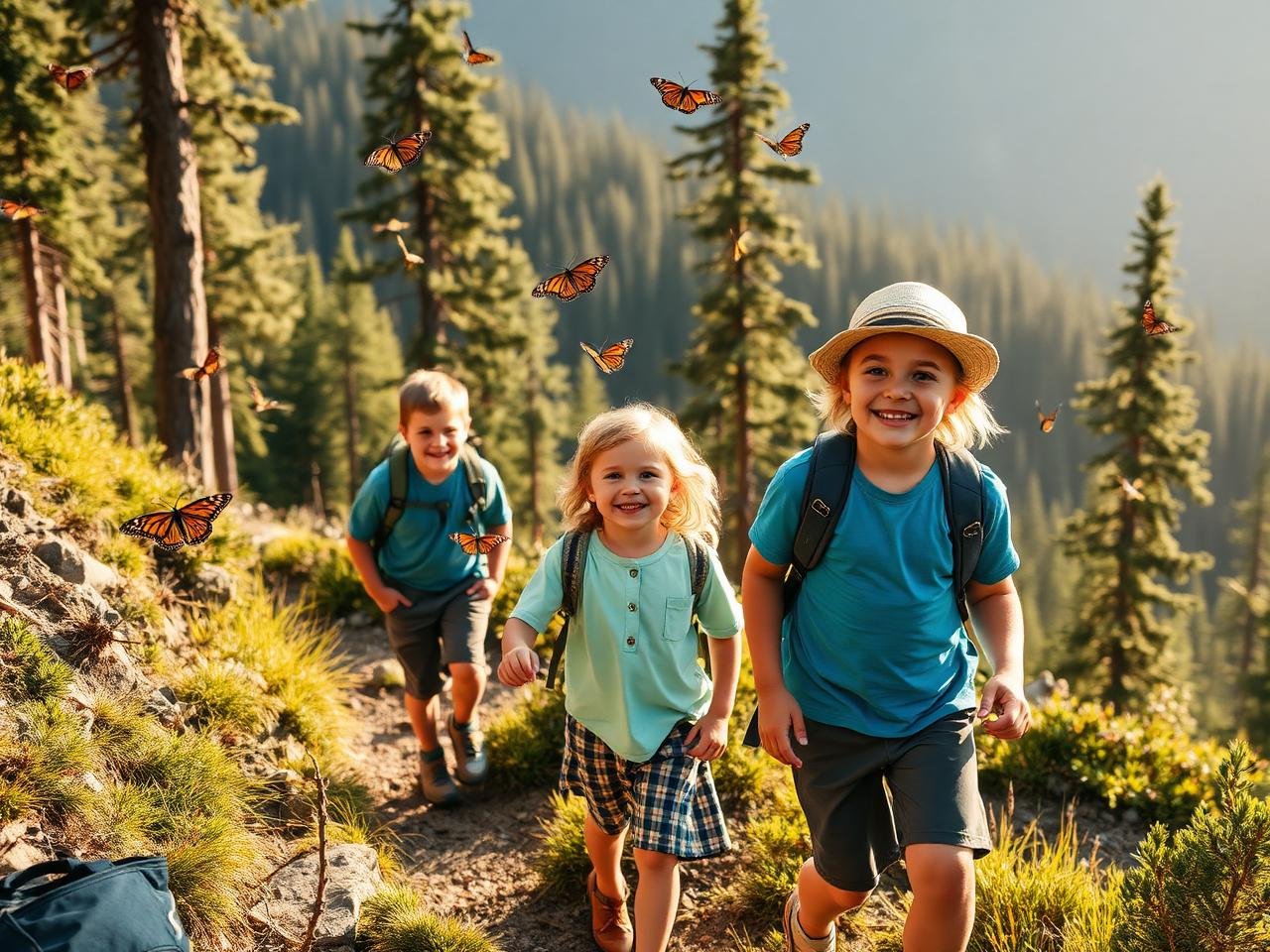 Familia con niños caminando entre mariposas monarca en el bosque