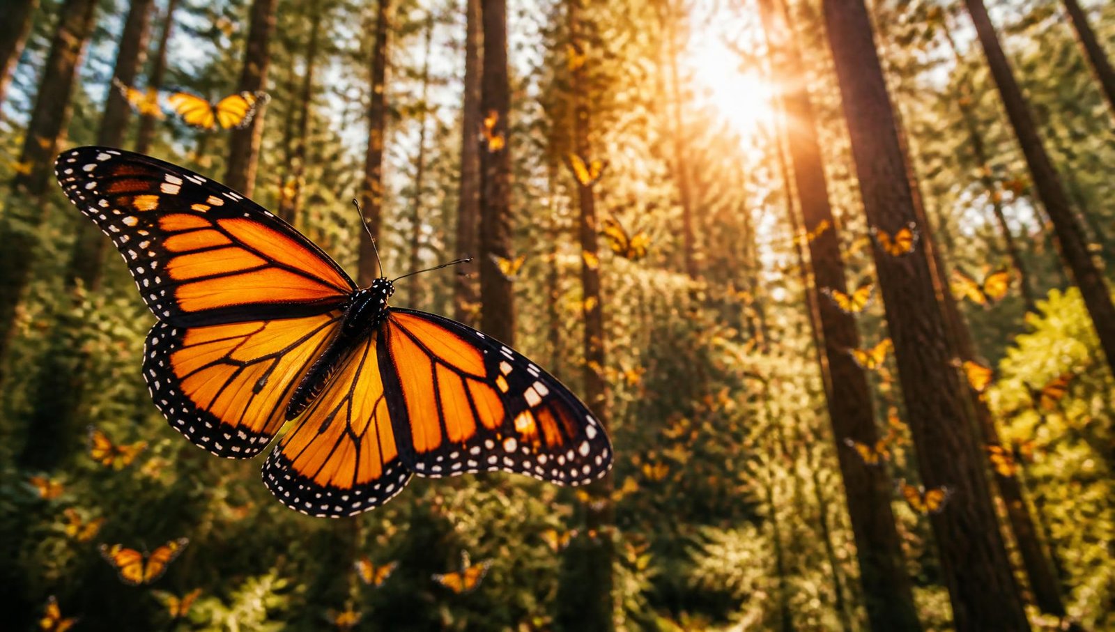 Mariposa monarca en primer plano volando en un bosque de oyamel iluminado por el sol